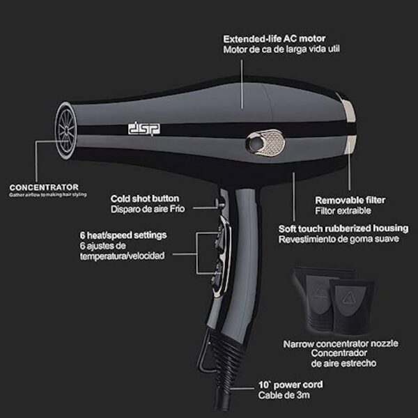 DSP Professional Hair Dryer AC Motor 3 Heat/3 Speed Setting, Cold Shot Button, 2200W - Image 2