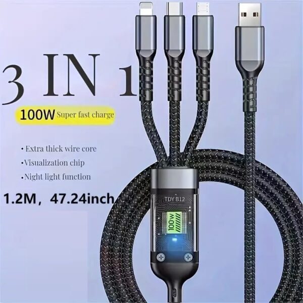 100W 3-in-1 Fast Charging Cable Intelligent Support For Ultra-Fast Charging USB, Visual Power Charging Via Multiple Interfaces - Image 4