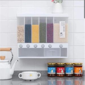 6 in 1 Wall Mount Kitchen Spice Containers-Dry Food Dispenser-Rice And Grain Dispenser- Automatic Rack Sealed Food Storage Box Grid