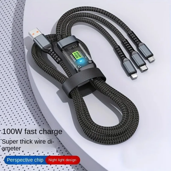 100W 3-in-1 Fast Charging Cable Intelligent Support For Ultra-Fast Charging USB, Visual Power Charging Via Multiple Interfaces