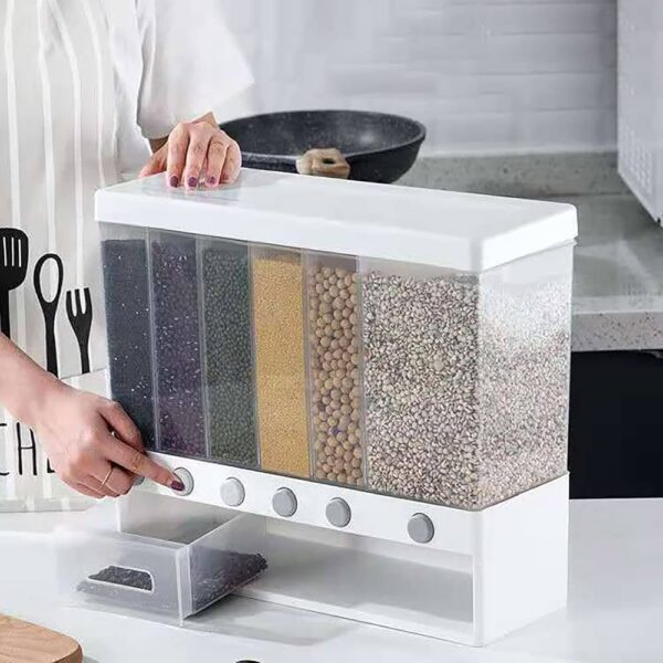 6 in 1 Wall Mount Kitchen Spice Containers-Dry Food Dispenser-Rice And Grain Dispenser- Automatic Rack Sealed Food Storage Box Grid - Image 2